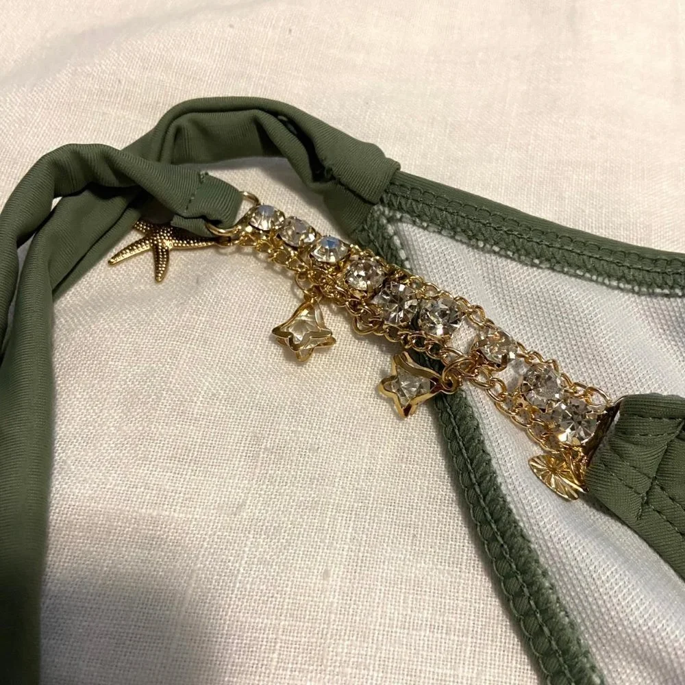 Shein Rhinestone Chain Linked Tie Side Bikini Swimsuit in Army Green (2 pc set) - Picture 11 of 12